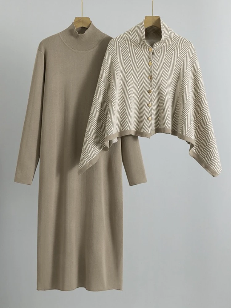 

2025 Spring and Autumn New Style Elegant Knitted Shawl Jacquard Cloak Apron Coat Dress Temperament Two Piece Set