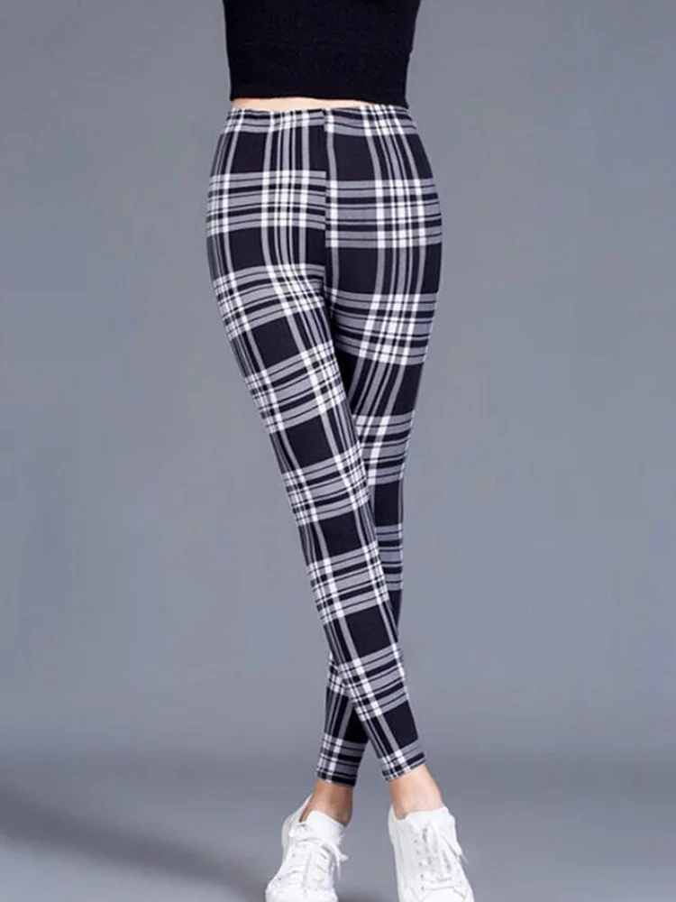 CUHAKCI Female Fitness Leggings Women Print Plaid Leggings Lady Sexy Slim Pencil Pants Push Up Elastic Waist Trousers