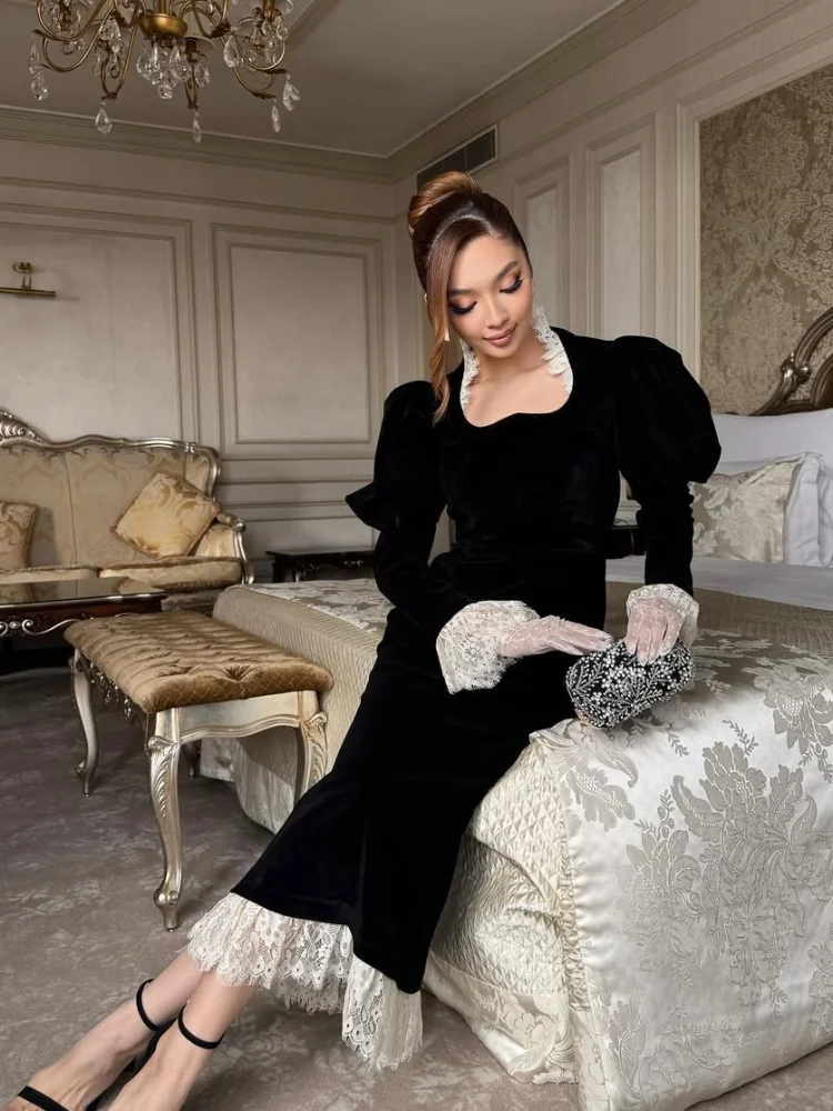 

Women Lace Patchwork Velvet Maxi Dress Elegant Stand Collar Puffed Full Sleeves Slim Long Gowns Fashion Evening Party Dresses