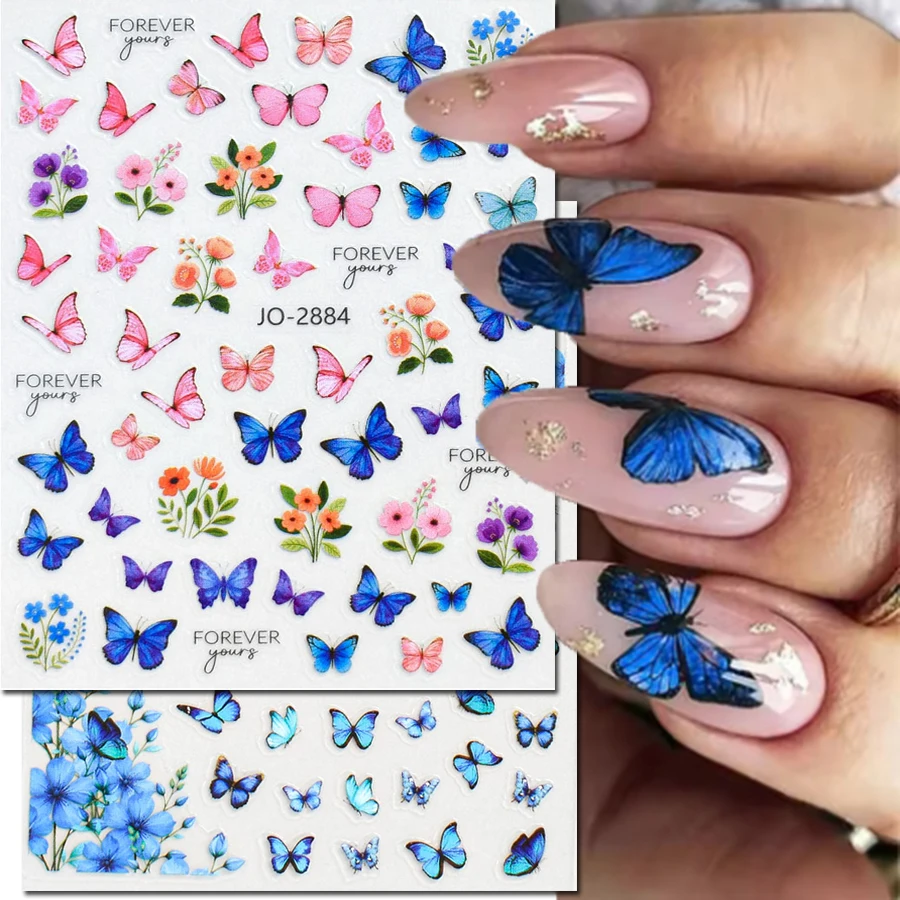 3d Nail Art Stickers Decals Spring Blue Pink Yellow Butterflys Booming Flowers For Nails Decorations Manicures Beauty