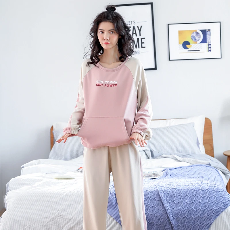 MIIOW Cute Women\'s Pajamas Cotton Homewear Loose Long Sleeves & Drawstring Pants Sleepwear Sets Comfortable Soft Home Clothes