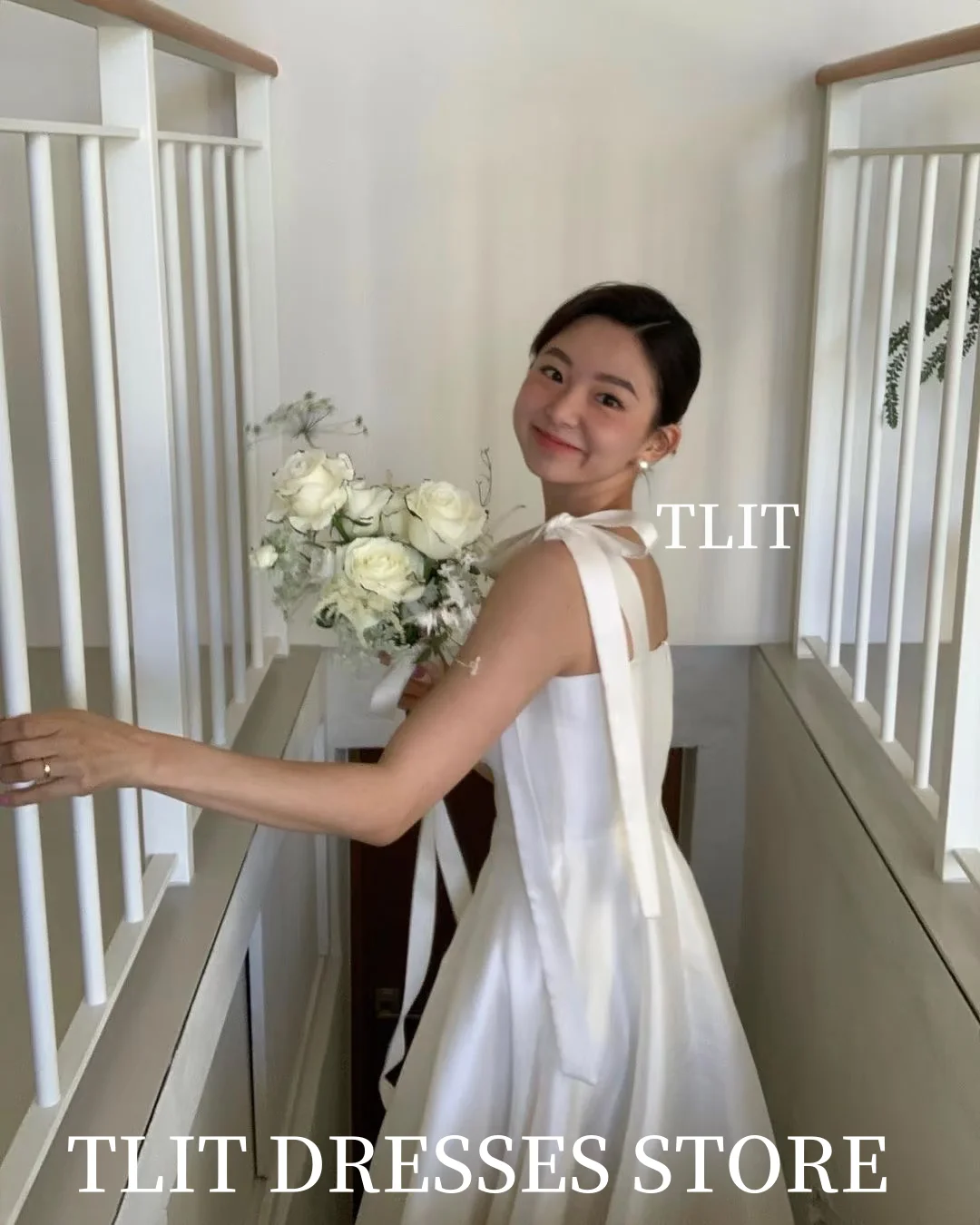 TLIT Simple White Silk Satin Wedding Dresses Spaghetti Strap Bow Bridal Gowns Korea Wedding Dresses Photo Shoot Customized 웨딩드레스
