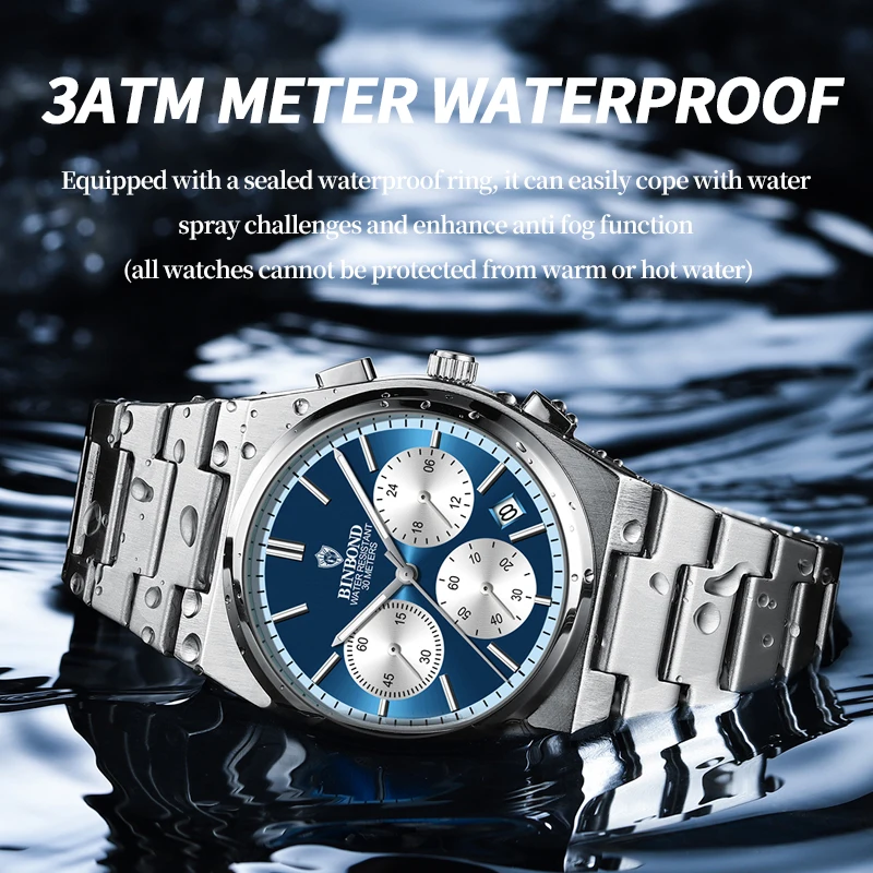 BINBOND Top Brand Luxury Watches for Man Quartz Sports Men Watch Waterproof Luminous Stainless Steel Chronograph Men Clock