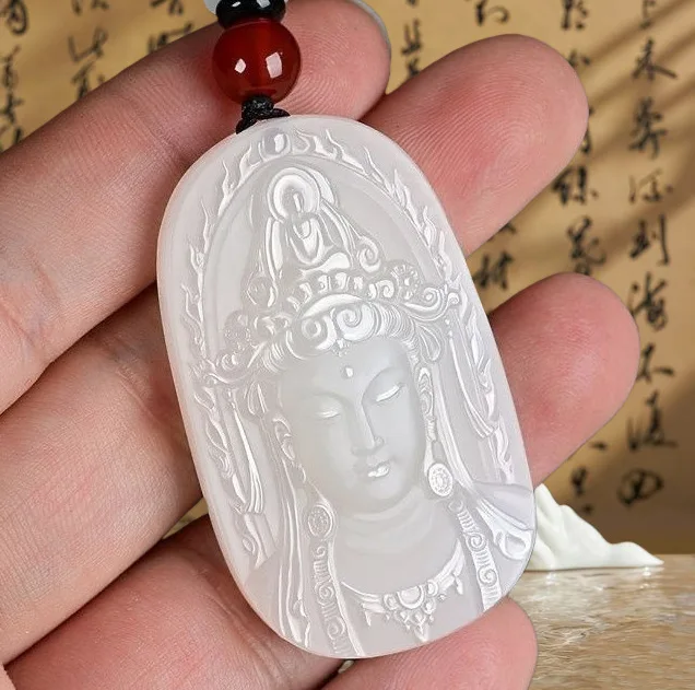 Natural Jade Guanyin Tara Pendant Hand Carved Buddha Jade Plaque Men's Auspicious Amulet Necklace Lucky Jewelry Gift