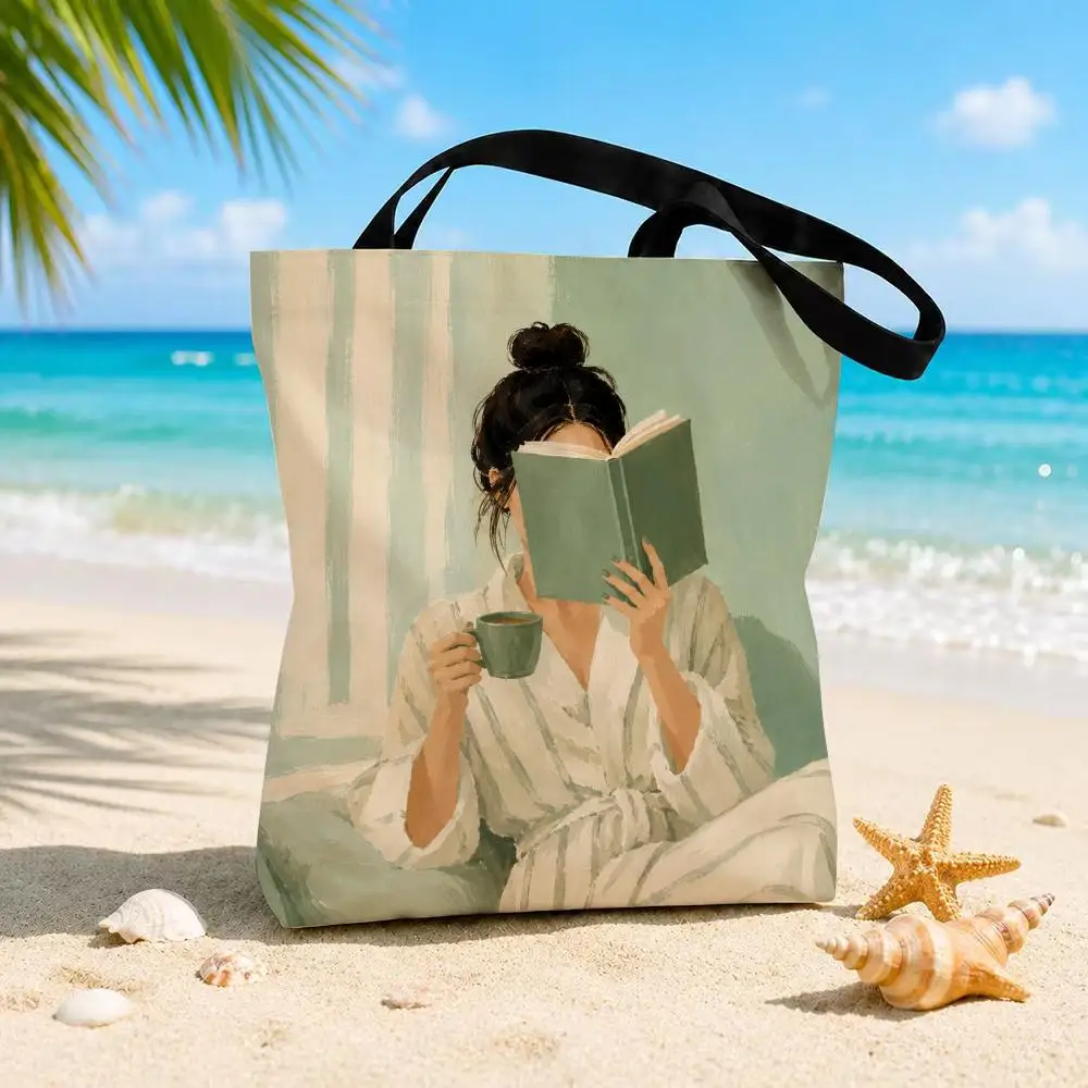 Abstract Reading Woman Storage Bags Beach Canvas Shoulder Tote Bag Double-Sided Print Fashion Handbag for Travel Picnic