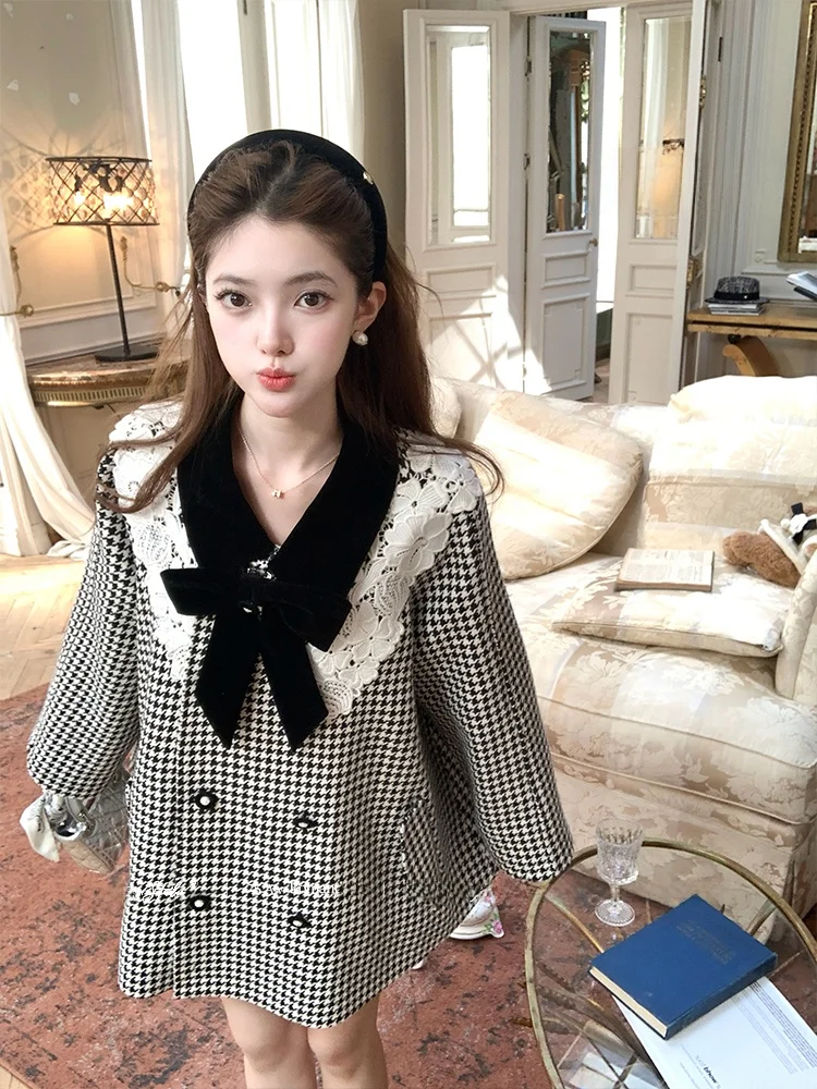 

Женское клетчатое пальто Acaine свободного кроя средней длины, осеннее, модное, стройнящее, маленького размера, с узором «птичий глаз», с длинными рукавами, на пуговицах