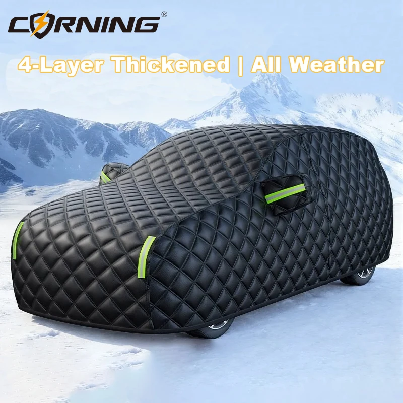 

4-Layer Thickened Full Car Cover Waterproof All Weather Protection with Reflective Strips Windproof Universal for Sedan SUV