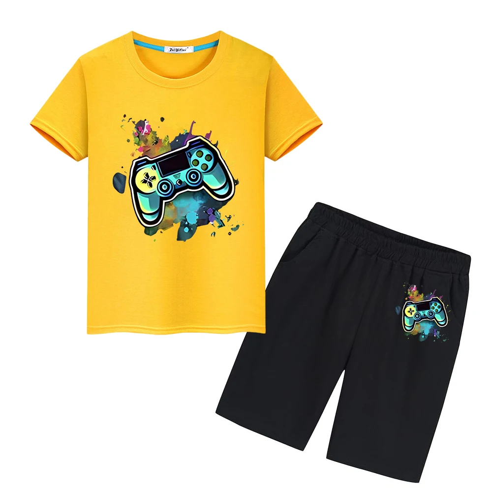 

boys girls clothes Sports Sets Summer gamepad printing T-shirt 100%Cotton Kawaii Tees Cute Tshirts Tops+shorts kid holiday gift