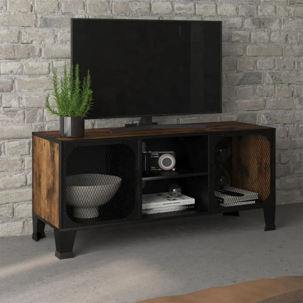

TV Stand Rustic Brown 41.3"x14.2"x18.5" Metal and MDF,Industrial TV Stand with Mesh Doors and Shelf for Living Room Television S