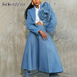 TWOTWINSTYLE Denim Two Piece Sets For Women Lapel Long Sleeve Spliced Appliques Tops High Waist Skirt Elegant Set Female Clothes