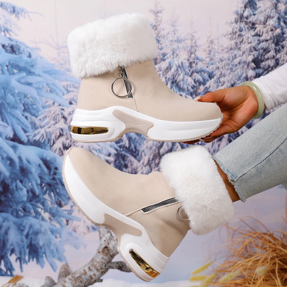 Winter Women Warm Sneakers Comfortable Luxury Trend Shoes Causal Comfortable Ankle Boots Thickened Fluff Platform Snow Boots
