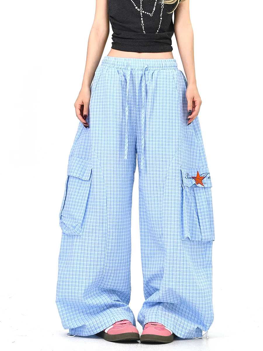 

Повседневные женские широкие брюки в клетку с множеством карманов, весна 2026, новинка, американский трендовый уличный стиль, свободный крой, бренд BF