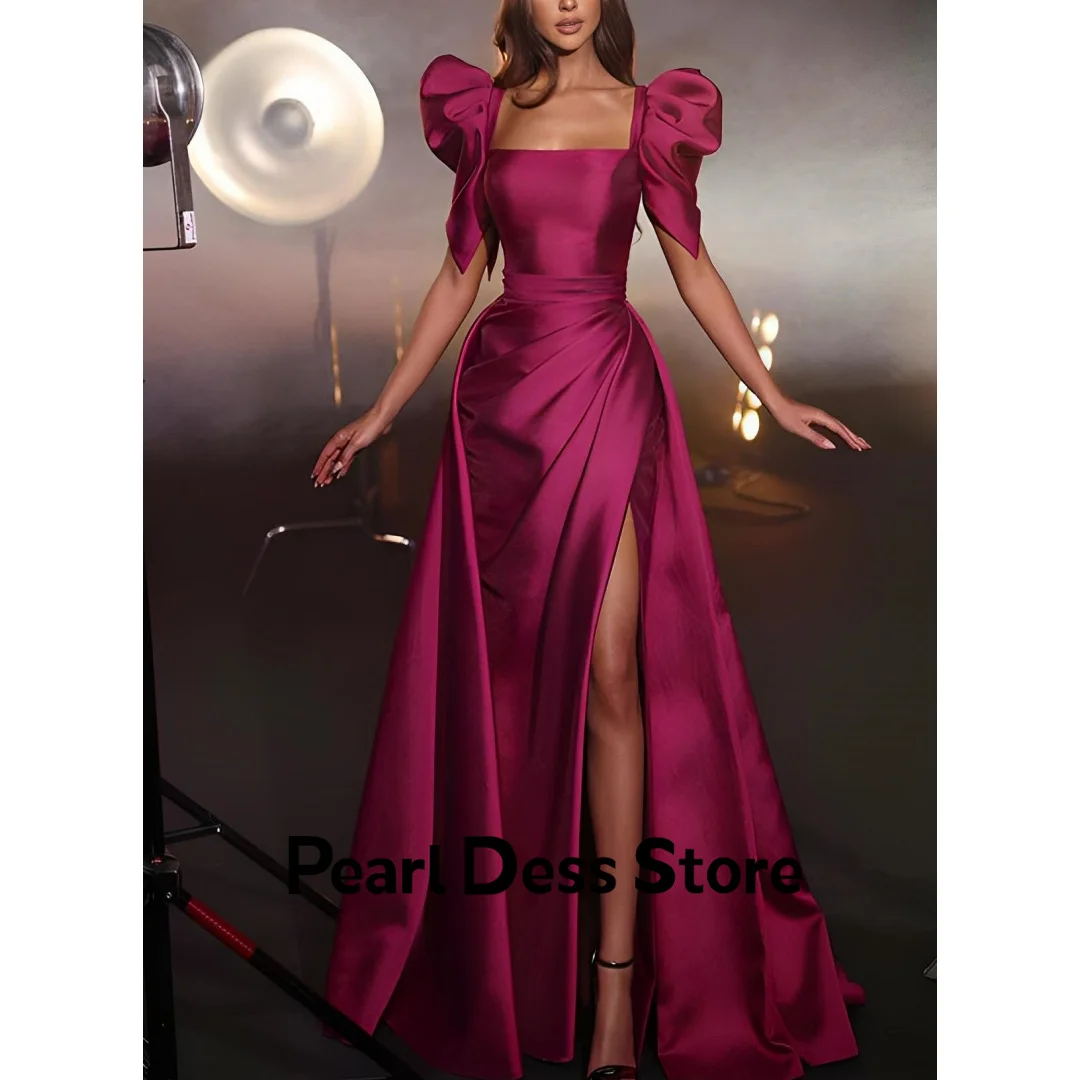 Pearl Side Slit Elegant Evening Dresses for Women Luxury Evening Dresses 2024 Women Satin Square Neck Short Sleeves Purple Red