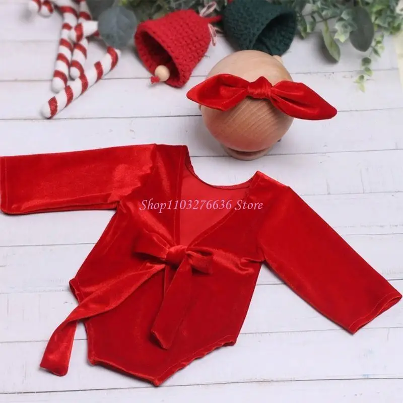 R6FD 0-1M Baby Girl Photo Props Backless Jumpsuits Bowknot Headband Christmas Costume