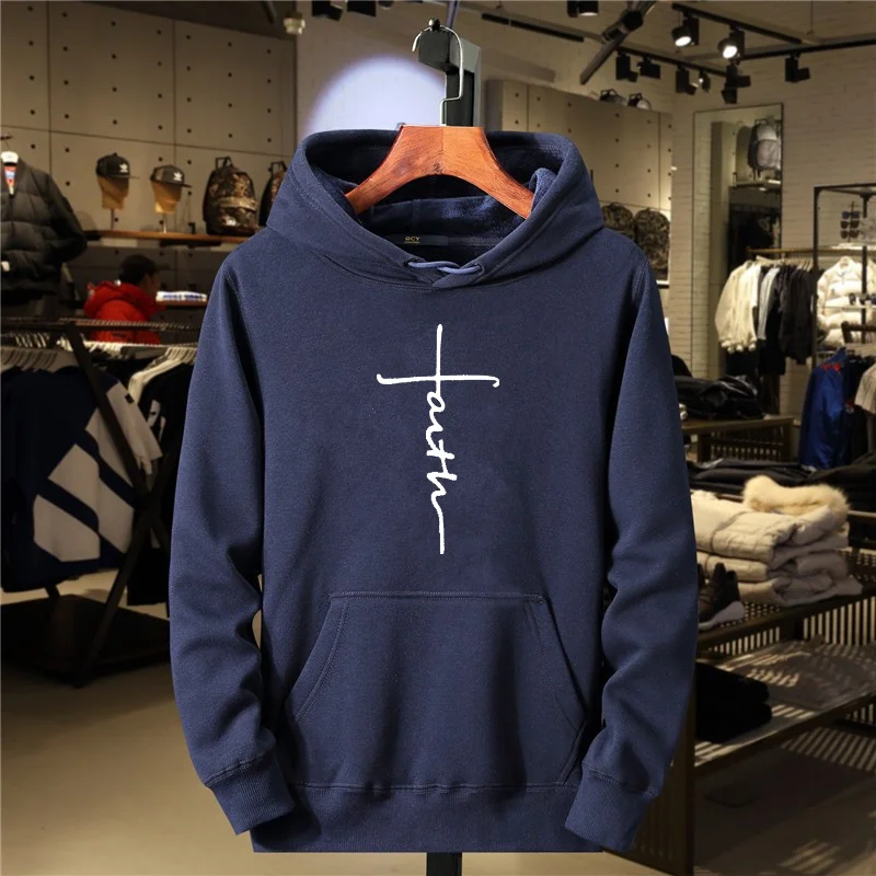 Autumn And Winter Men's Casual Sports Fleece Outdoor Comfortable Round Neck Fashionable Faith Printed Sports Hooded Sweatshirt