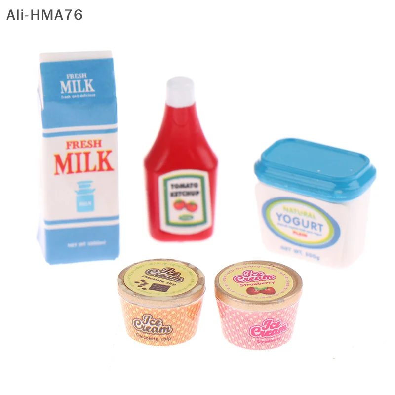 

(HMA76) 5Pcs/Set 1:12 Dollhouse Miniature Accessories Tomato Sauce Iced Yogurt Food Toy for Children Pretend Play Gift
