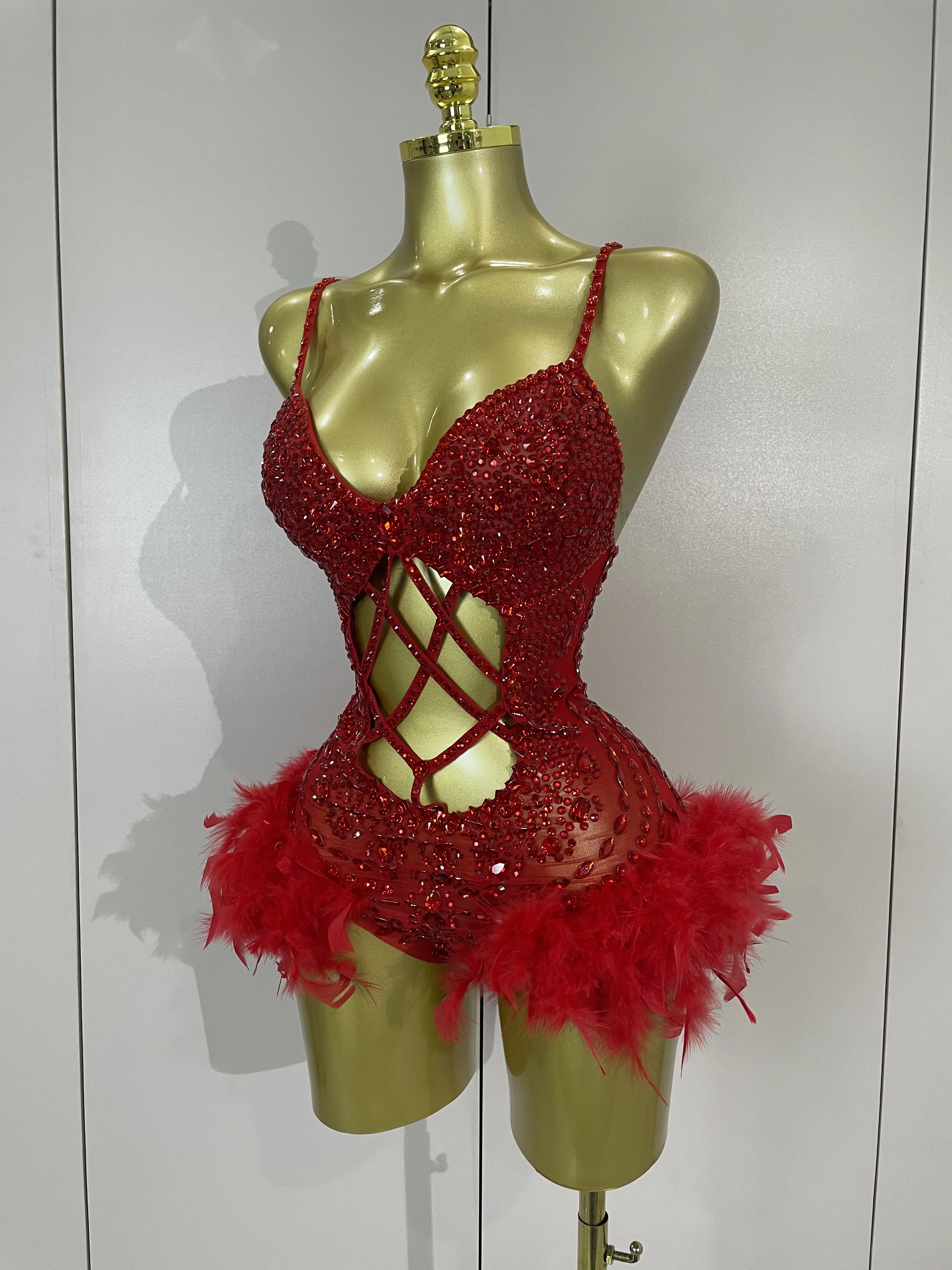 Luxury Sparkly Diamond Feathers Sexy Bodysuits Women Hollow Out Nightclub Bar Performance Singer Dancer Club Party Stage Costume