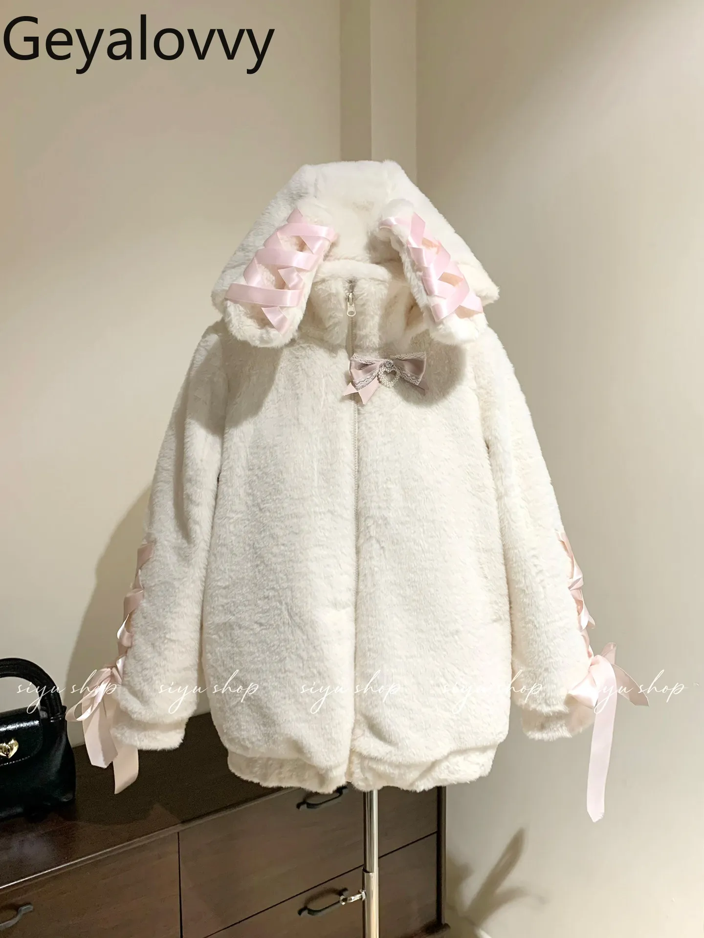 

Japanese Style Winter Warm Hooded Cotton Jacket Sweet Cute Versatile Bowknot Plush Quilted Thick Zipper Coat for Women
