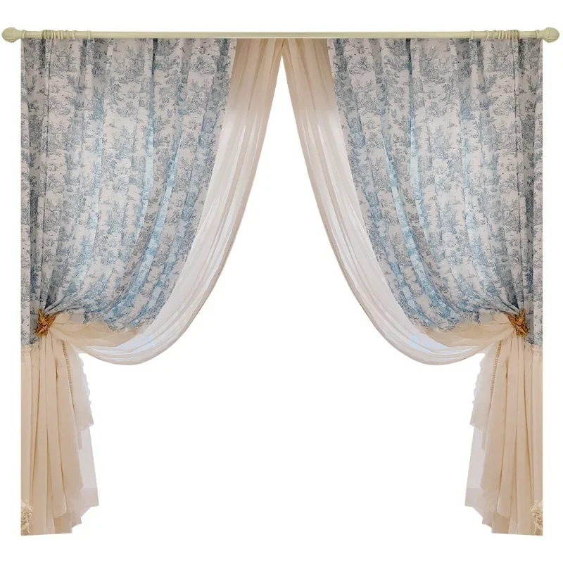 

French Cotton Linen Custom Size Curtains for Living Dining Room Bedroom Balcony Printed Balcony Floating Window Screen Curtains
