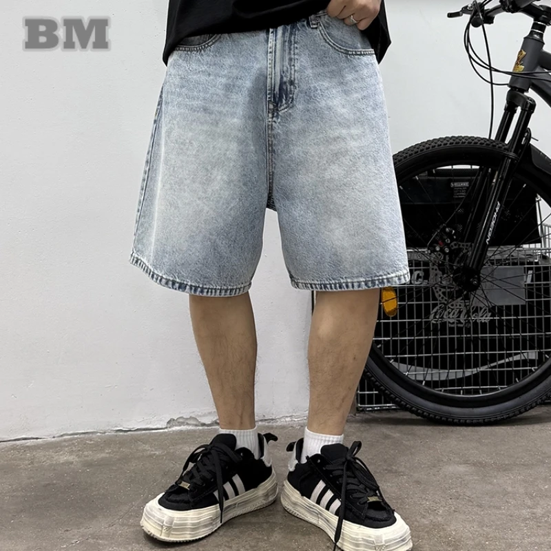 

‌ Мужские летние тяжелые джинсовые шорты в американском стиле ретро, свободные прямые повседневные винтажные светло-голубые уличные шорты средней длины, модная
