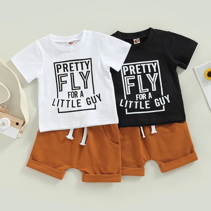 2022-11-28 Lioraitiin 0-3Years Toddler Boys Girl 2Pcs Summer Sets Short Sleeve Letter Print T-shirt Solid Drawstring Shorts