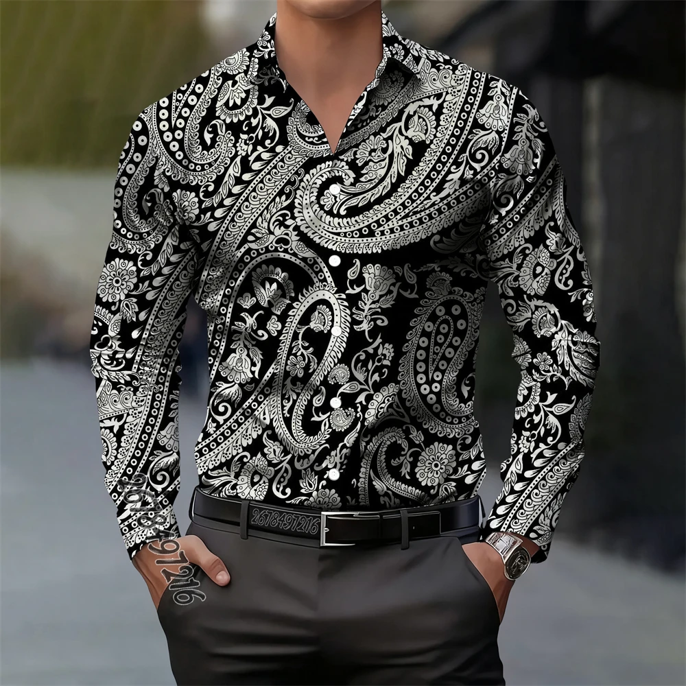 

Vintage Men's Paisley Cashmere Flower Long Sleeve Shirt Print Casual Elegant Fashion Comfortable High Quality Men's Lapel Top