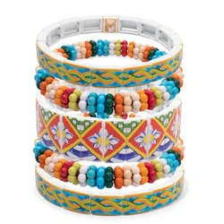 2024 New White Color Texture Enamel Bangle Sets For Women Beaded Elastic Bracelets Accessory