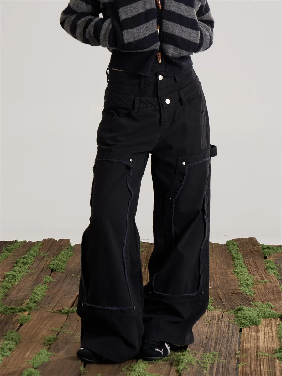 Onlpp American Style Cool Girl High Street Loose Leg Jeans Women Double Waist Design Loose Long Pants Black Wide Leg Denim