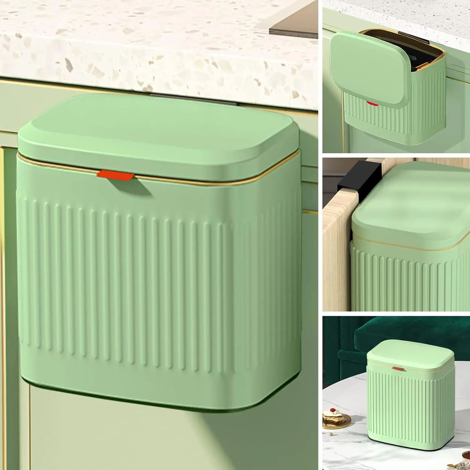 

Vintage Green Small Trash Can with Lid, Wall-Mounted Under Sink Compost Bin for Kitchen and Bathroom, 4L Capacity