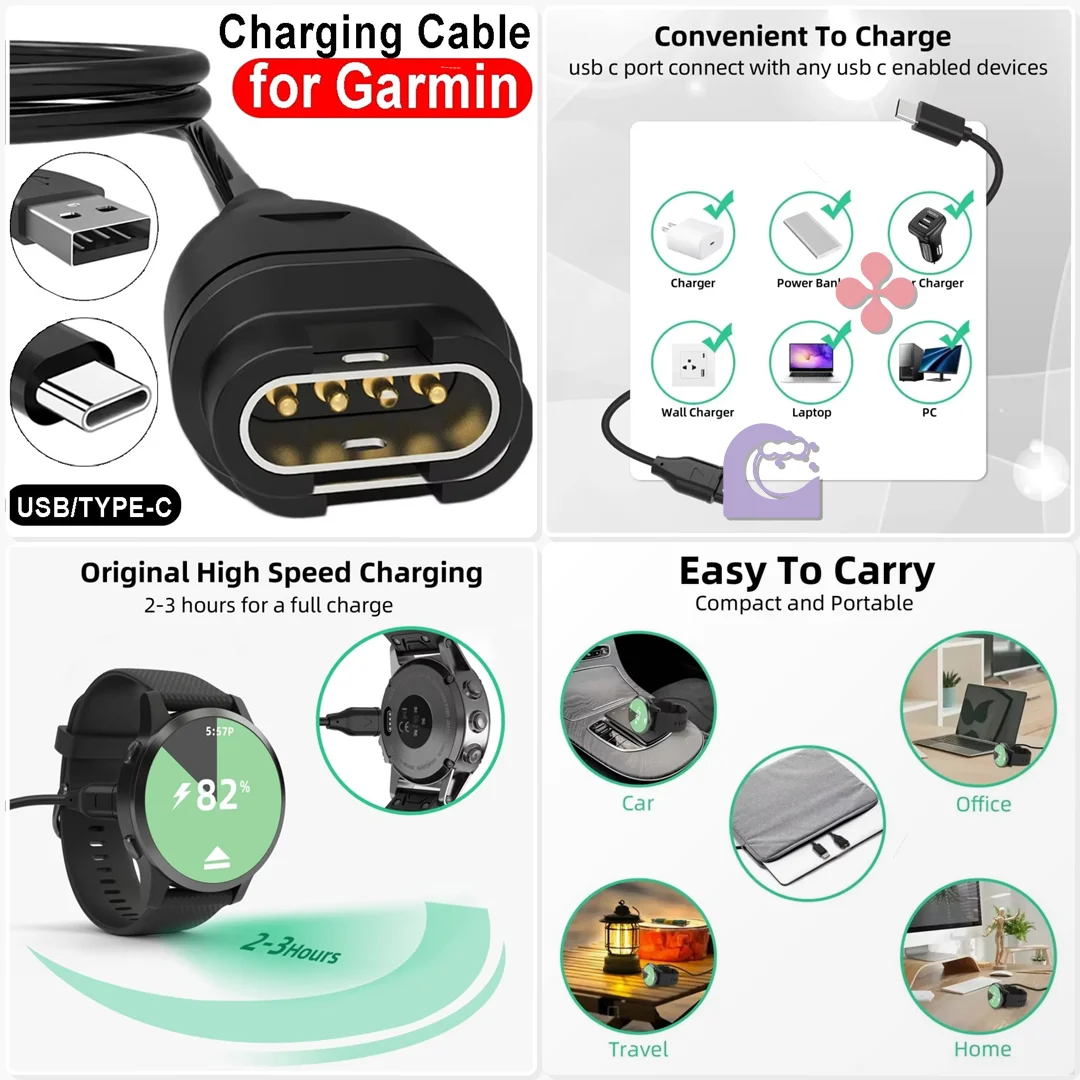 USB C Charging Cable for Garmin Replacement Dock Stand Cord Gym Post Workout Power Recharge
