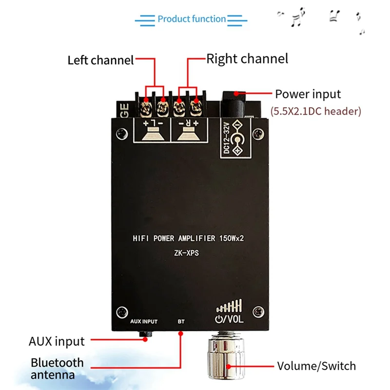 ZK-XPS 5.0 Bluetooth Power Amplifier Board Dual 150W Channel Amplifier Board with Short Circuit Protection for Sound Box