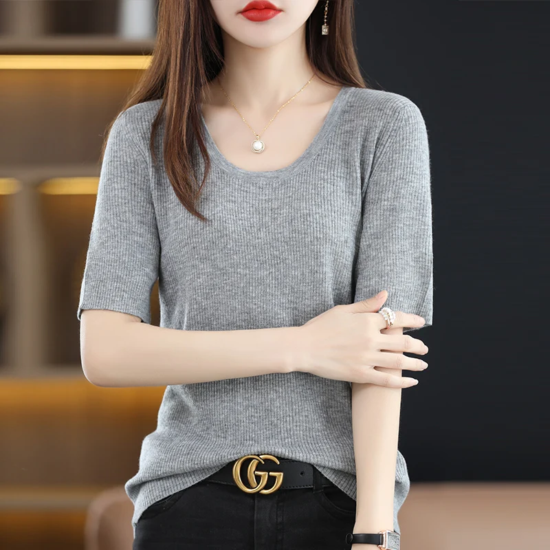 

Women Sweater O-Neck Knitted Pullover Wool Jumper Female Solid Color Soft Comfortable Short Sleeve Thin Tops Women Clothes S-XL