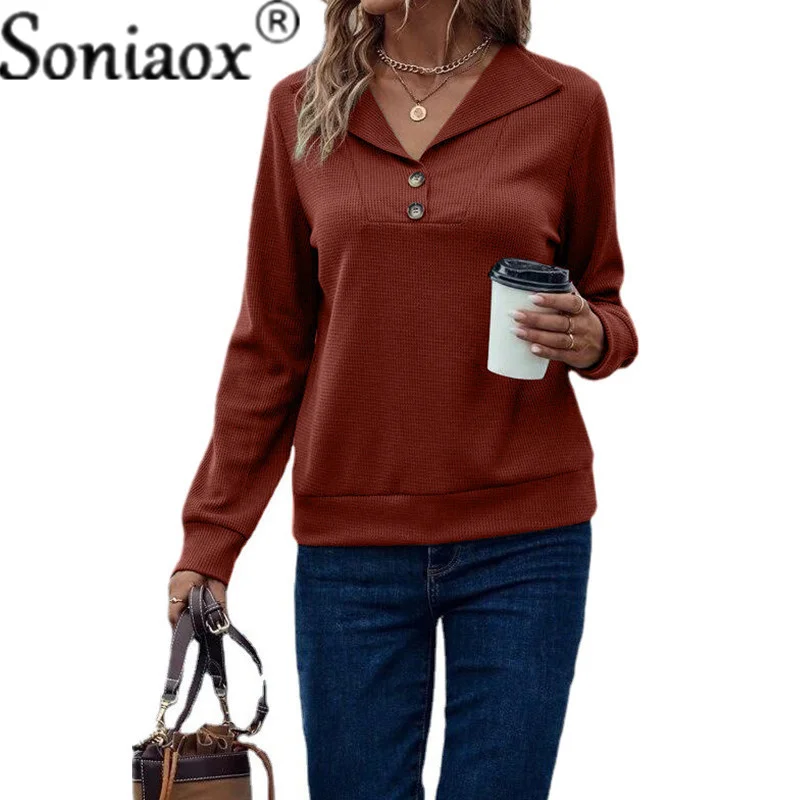 

Футболка женская хлопковая однотонная с вафельным принтом, элегантный повседневный Свободный Топ с лацканами, на пуговицах, модная уличная одежда, осень