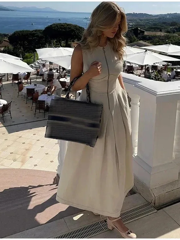 2025, gedrapeerde lange jurken voor dames, mouwloze maxi-jurk met rits, dames, zomervakantie, damesjurken, ruches, feestjurk, vrouwelijk L42T