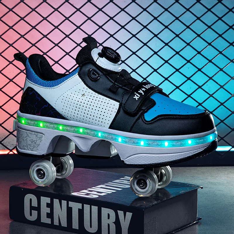 LED Flash Double-Row Four-Wheel Roller Skating Shoes Dual-Use Roller Shoes Men Women Casual Sneakers Sport Walking Running Shoes