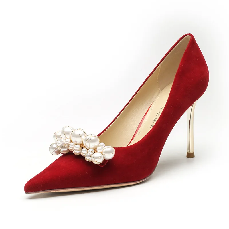 

Bloomsteps Pointed Toe High Heels Women's Stiletto Pearl Shallow Mouth Single Shoes Xiuhe Red Bride Wedding Shoes