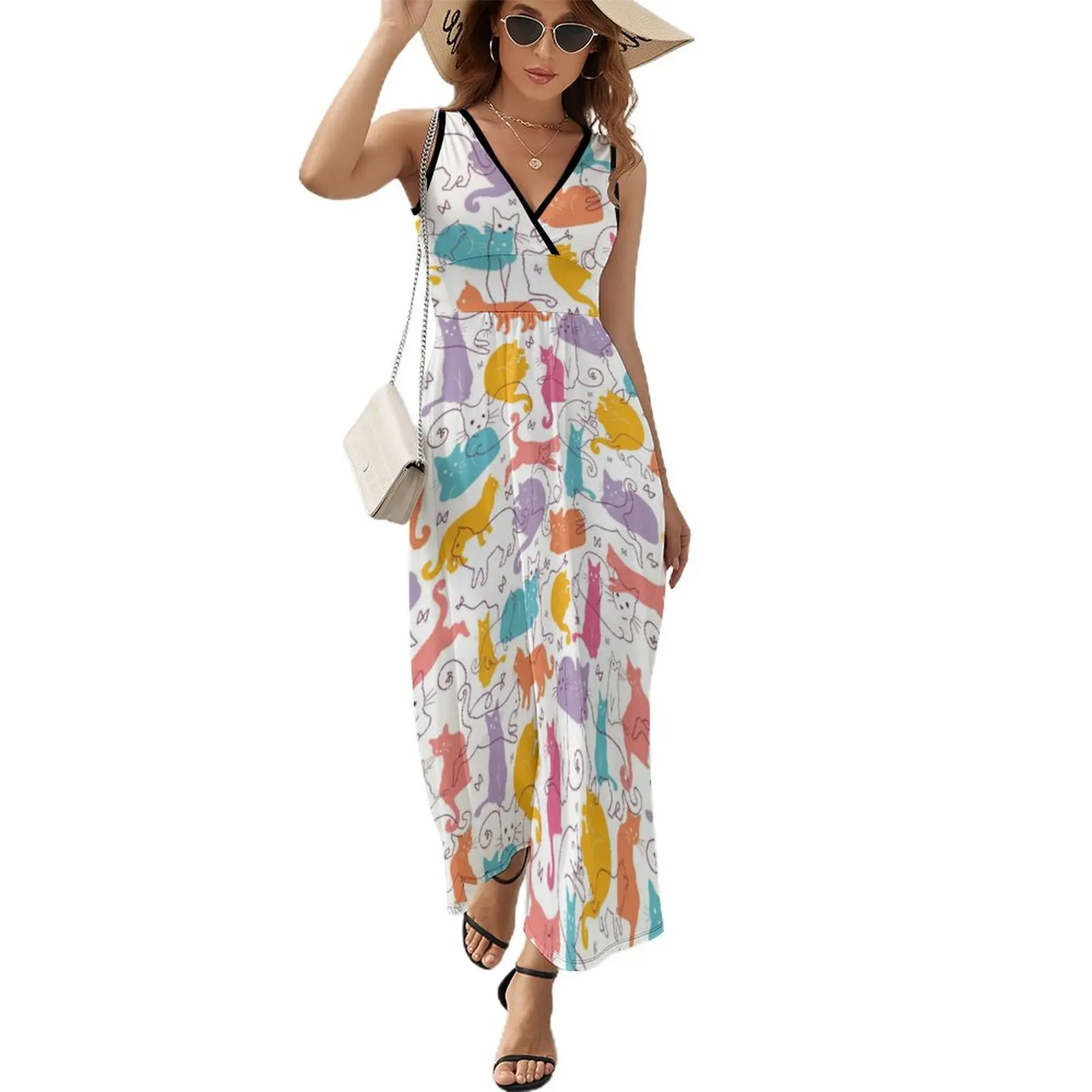 Thread Cat Cat Dress WomensBeach Maxi Dress V Neck High Waist Aesthetic Graphic Boho Beach Long Dresses