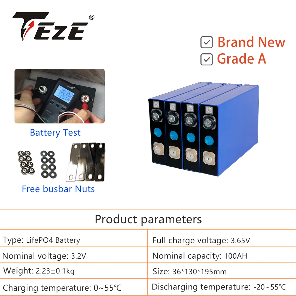 Grade A 3.2V LiFePO4 100AH Batteryfor Electric Car RV Solar Energy Boats DIY 12/24/48V Rechargeable Lithium Iron Phosphate Pack