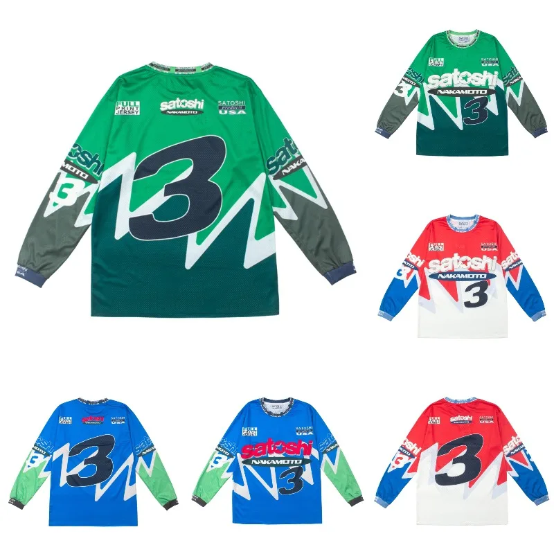 American Style Men's Motorcycle Themed Printed Satoshi Nakamoto Tops Tees High Street Streetwear Loose Casual Long Sleeves