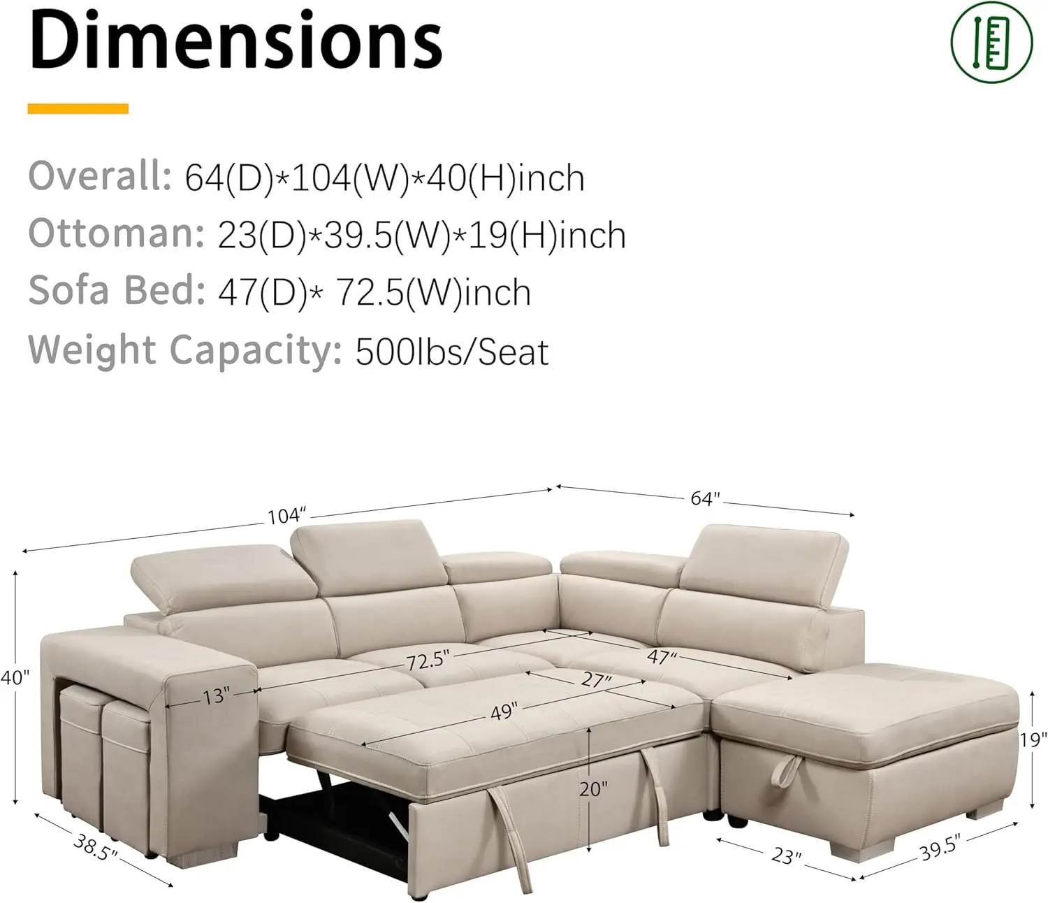 104'' Microfiber L Shaped Sectional Sleeper Sofa Couch with Pull Out Bed and Storage Ottoman, Convertible Couches with image 2