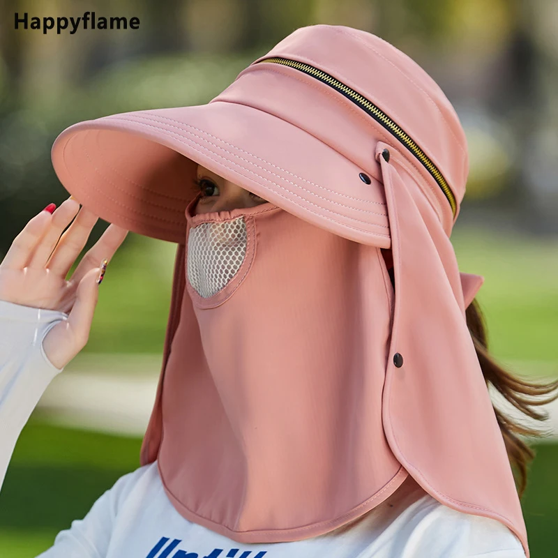 Women Outdoor Riding Anti-UV Sun Hat Foldable Big Brim Hats Neck Face Protection Detachable Mask Sunscreen Breathable Beach Caps