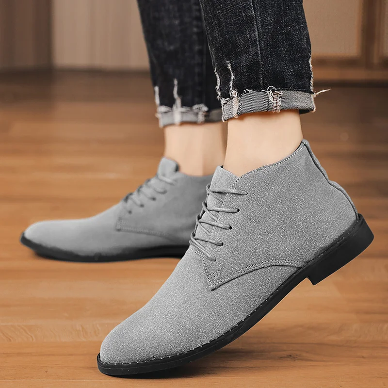 Casual shoes man Fashion Men Ankle Chelsea Boots lace up Male Shoes mid top Suede Leather Slip On Motorcycle Man Boots