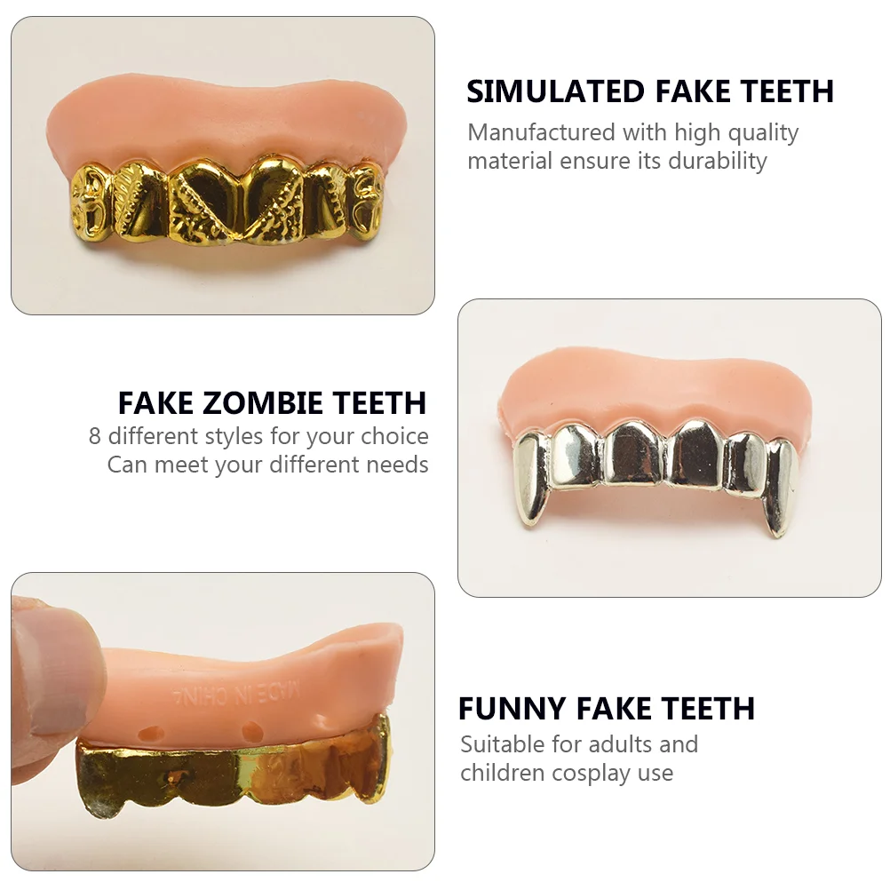 8 piezas de disfraces de Halloween falsos, kit de gemas de dientes chapados en Pvc simulado