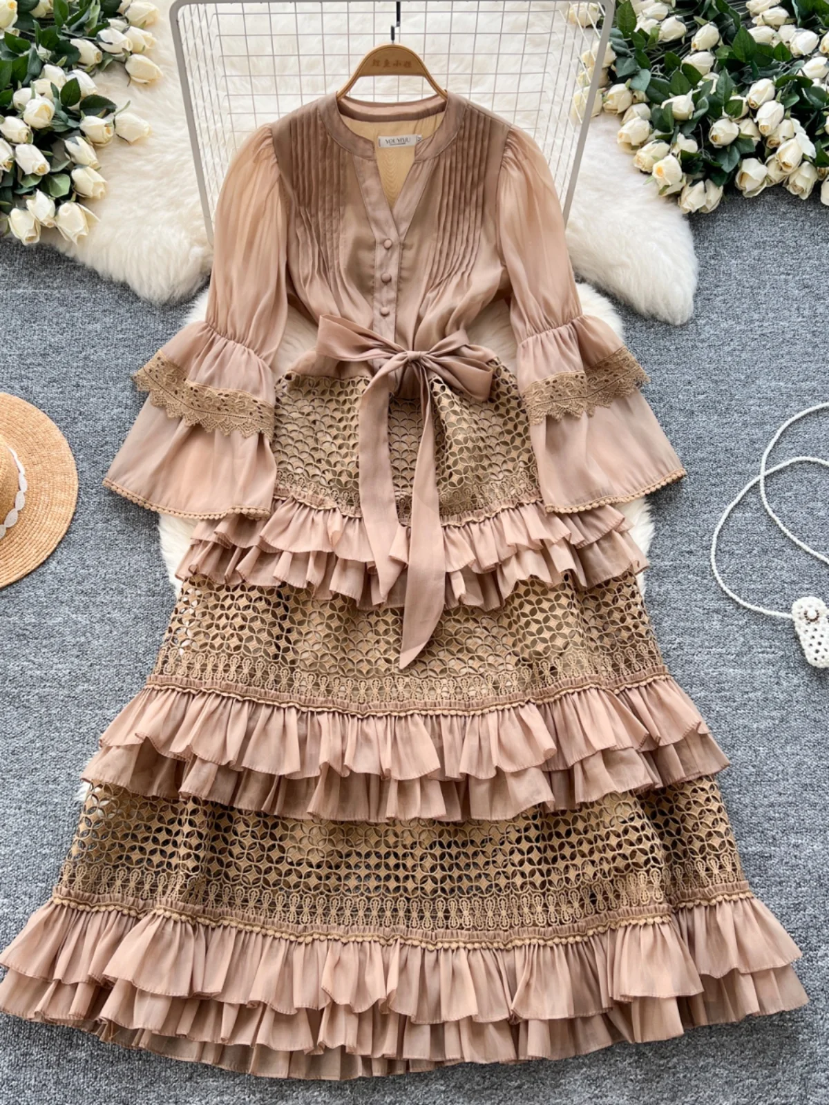 

Ele Lace Splice Bell Sve Hollow out Women's Long Dr Slimming High Waist Korean Sle Cake Skirt A-Line Midi Dr
