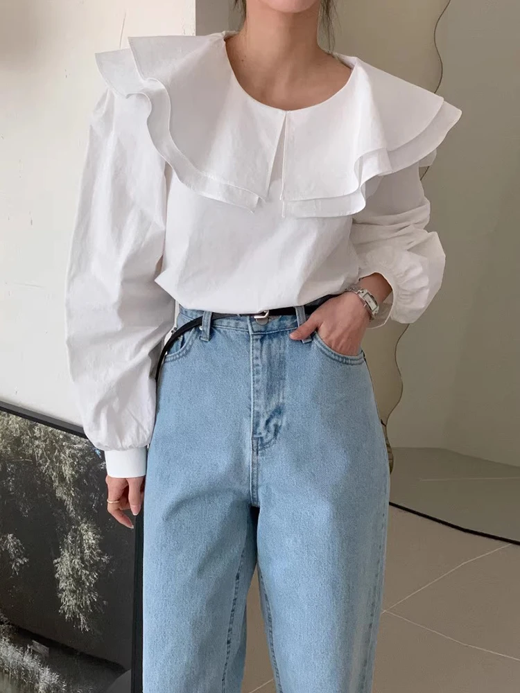 

Korean Chic Autumn New Niche Design Double Layered Doll Collar Solid Color Casual Puff Sleeve Shirt for Women