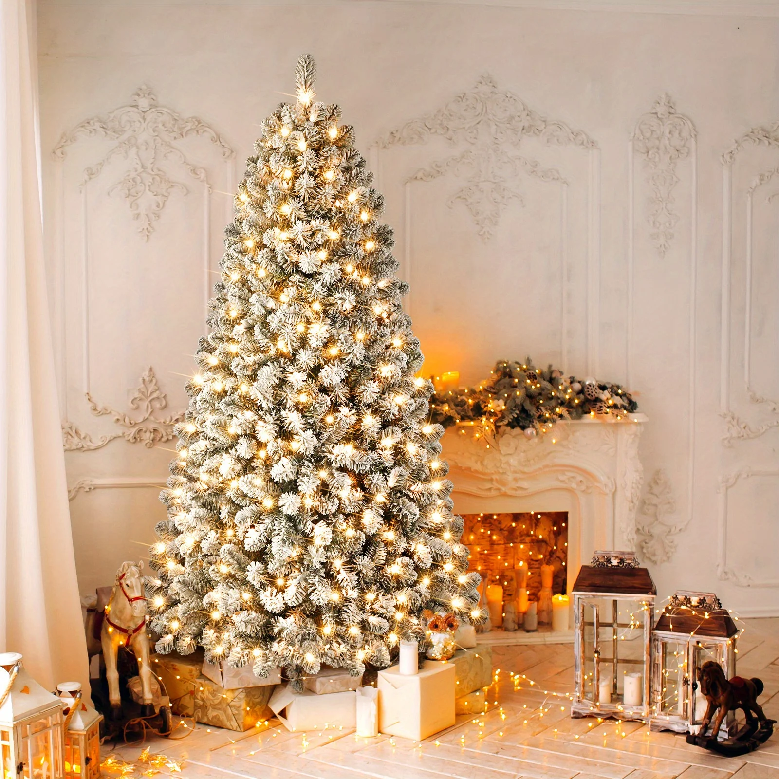 

Elegant 6.5ft Cedar Christmas Tree, 785 Branches with 300 Warm Lights - Easy to Assemble, Includes Adjustable Base - Suitable for Home and Office Holiday Decorations, White, 6.5/7/9ft