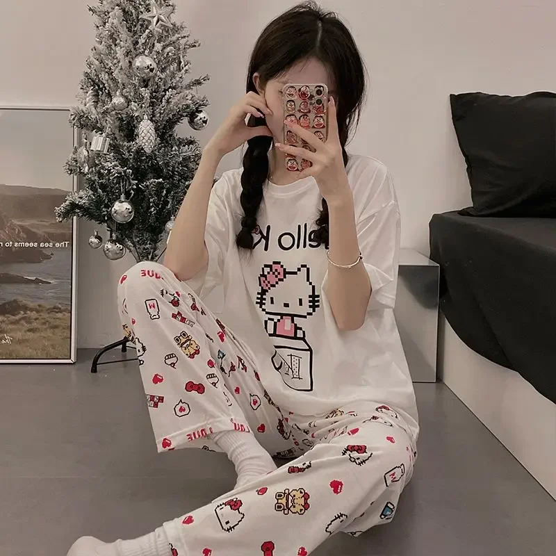 Sanrioed Anime Hello Kitty Pajamas Suit Cartoon Summer Loose Homewear Leisure Short Sleeved Trousers Kawaii Nightgown Suit Girl