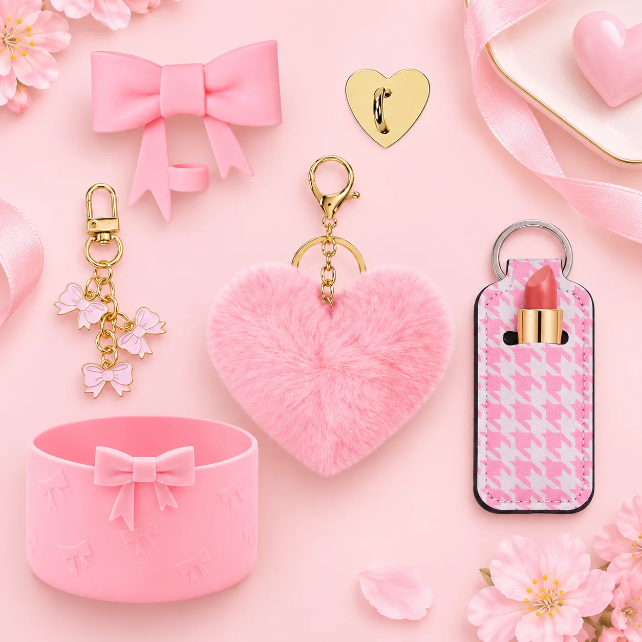 6pcs Coquette Accessories Set for Stanley 40oz 30oz Tumbler, Bow Straw Cover, Heart Pompom Charm,Lip Stick Holder for Cup Decor