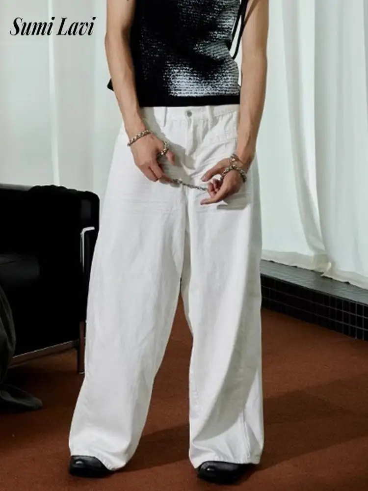 

Streetwear Vintage White Jeans Men Fashionable Loose Denim Trousers Mens Autumn Casual Solid Color Pleated Designer Jean Pants
