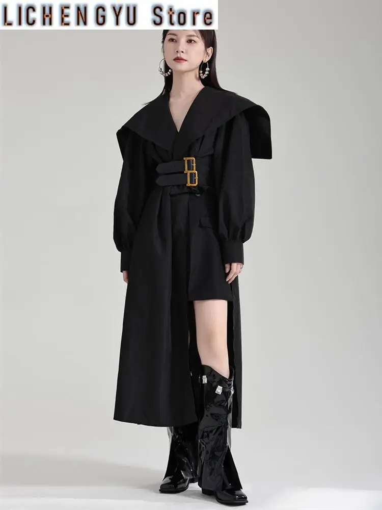 Women Black Irregular Shirt Dress New Lapel Lartern Long Sleeve Belt Waist Loose Fashion Tide Spring Autumn